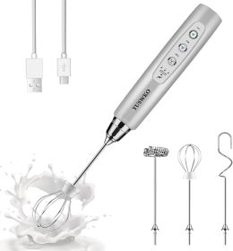 Rechargeable Milk Frother Handheld with 3 Heads, Silver Coffee Electric Whisk Drink Foam Mixer, Mini Hand Stirrer with 3 Speeds Adjustable for Latte