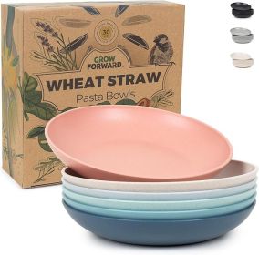 Grow Forward Premium Wheat Straw Pasta Bowls - 30oz Unbreakable Wide & Shallow Dinner Plate Bowls Set of 6 - Microwave Safe Reusable Plastic Pasta Bow