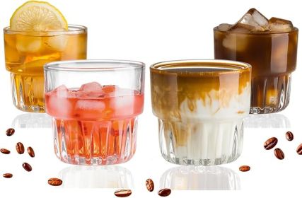 8oz Drinking Glasses Set of 4, Stackable Iced latte Coffee Glass, Beer Glasses, Cocktail Glasses, Coffee Mugs for Latte, Tea, Water glasses for bar